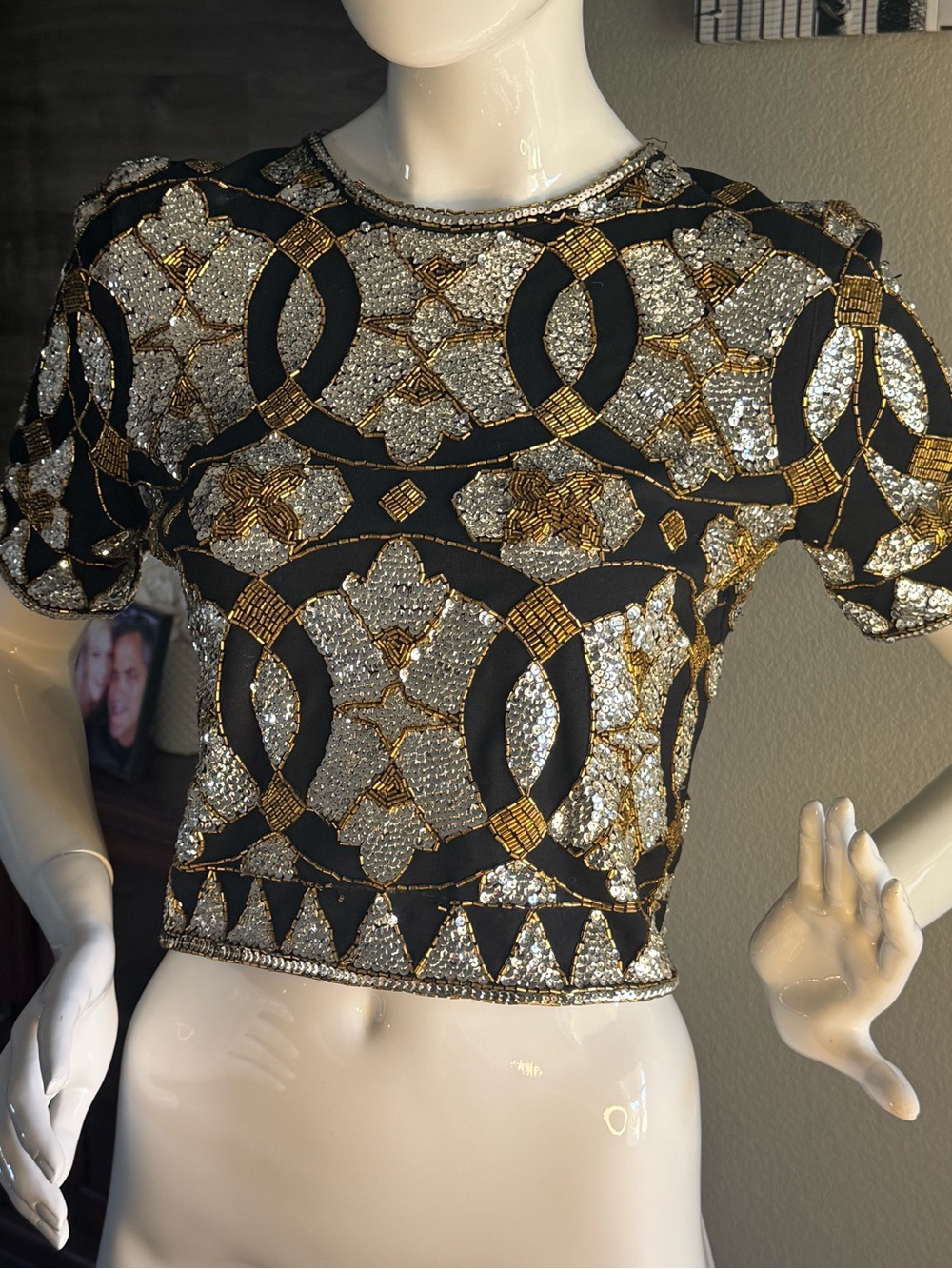 Vintage Adrienne Vittadini Black Sequin Crop Top with Gold Embellishment S